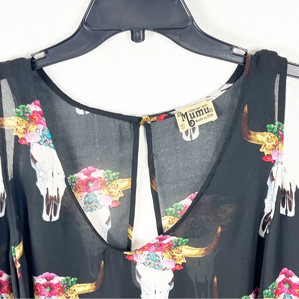 SHOW ME YOUR MUMU Black Sheer Shoulder Mummy Graphic Peek A Boo Top, Size Small - Image 8
