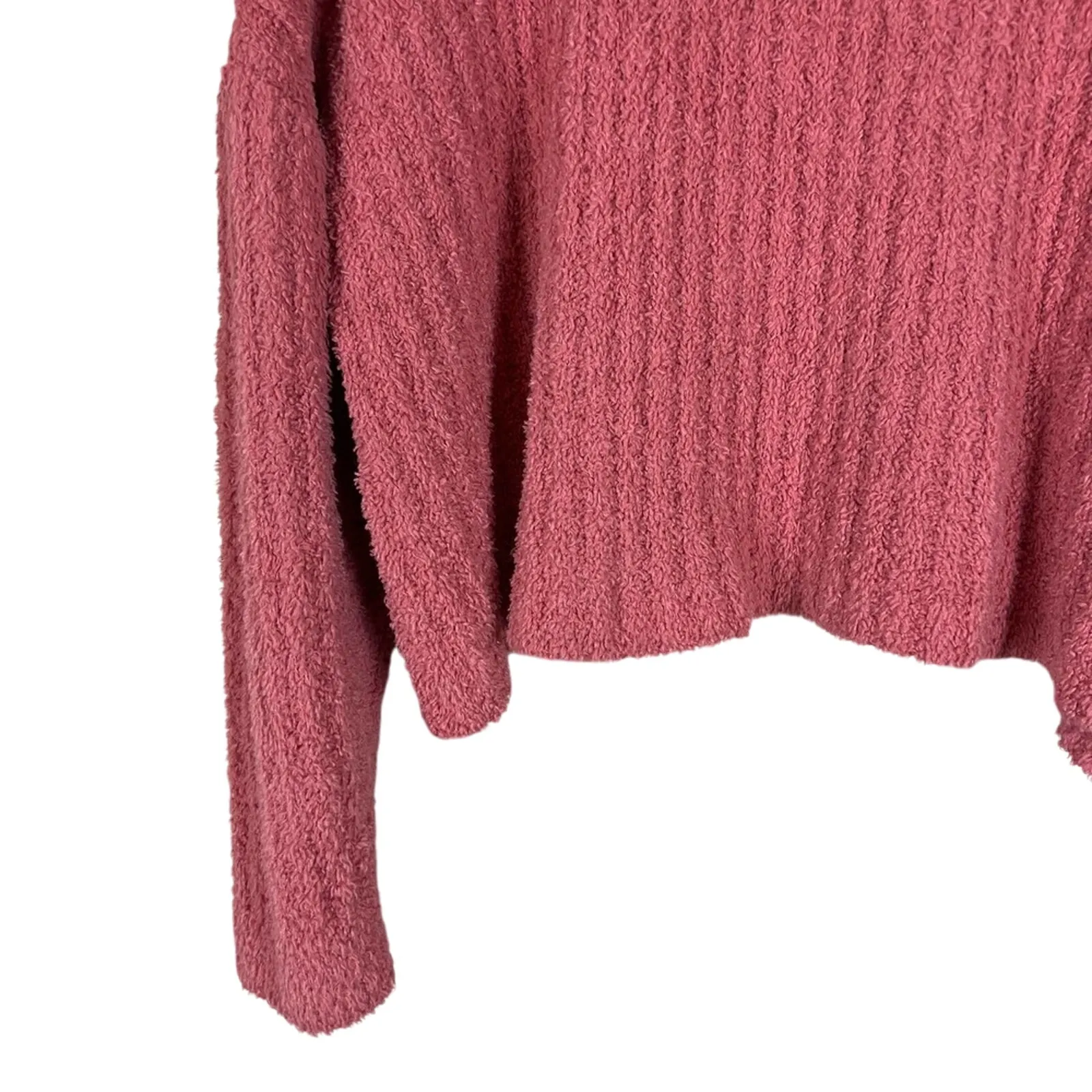 So Cropped Hoodie Sweater Womens L Pink Fuzzy Ribbed Oversized Cozy Slouchy - Image 3