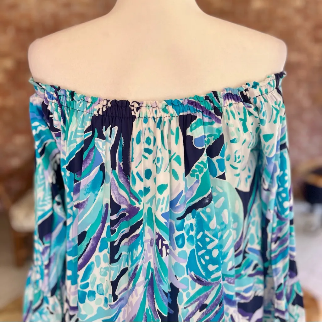Lilly Pulitzer Nevi Dress Off the Shoulder Blue Print Mini M Party Brunch - Image 8