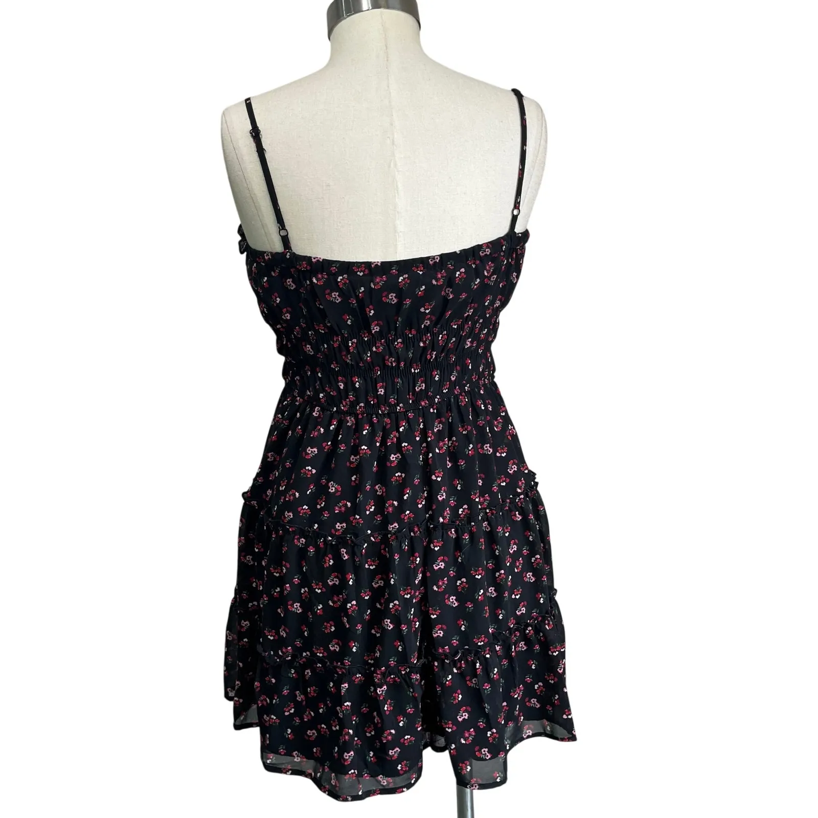 Trixxi Milkmaid Floral Smocked Mini Dress Black Ruffle Hem Cottagecore Sz M - Image 3