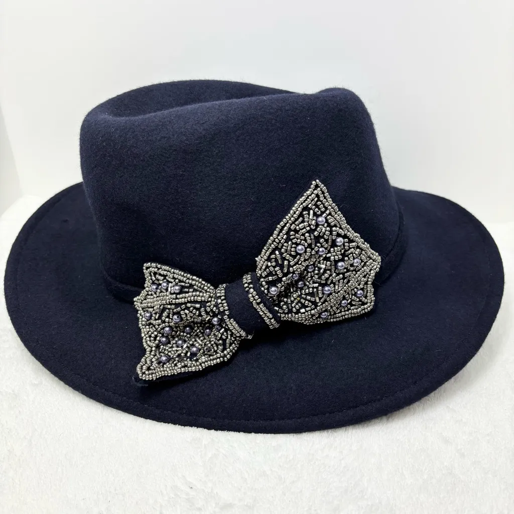 Something Special Elegant Navy Hat with Beaded‎ Bow 100% wool felt Blue - Image 3