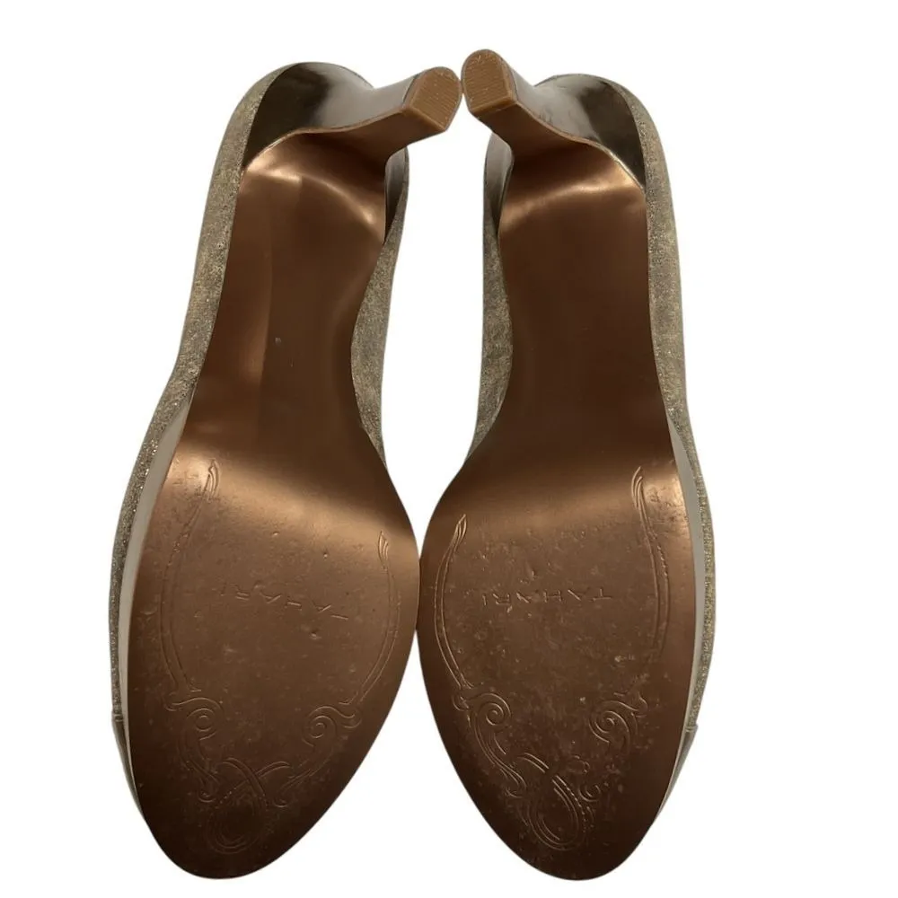 Tahari Women's‎ Laura Gold Cap Toe Leather Platform Pumps Heel Size  8.5M Party - Image 10