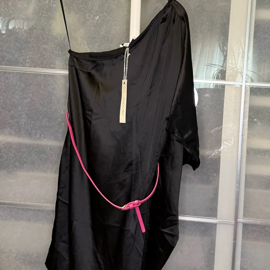 She + Sky Black One-Shoulder Dress with Pink Accent - Image 2