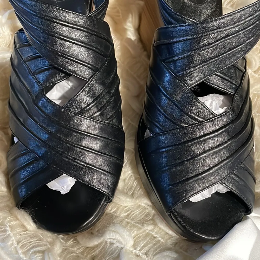 Cole Haan cris cross leather faux wood wedge sandal zipper 4 inch heel - Image 11