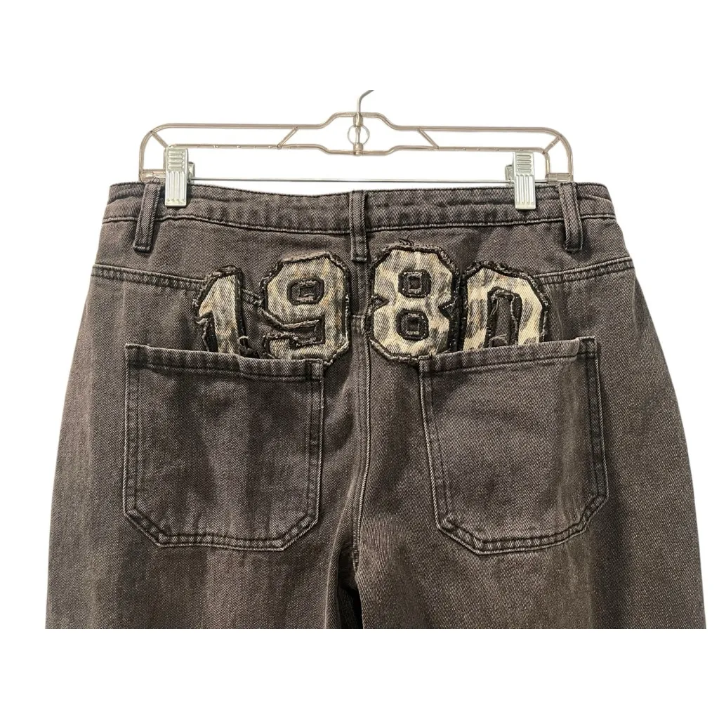 Edikted 1980 Embroidered Wide Leg Black Denim Jeans Size Large Women's Casual - Image 2