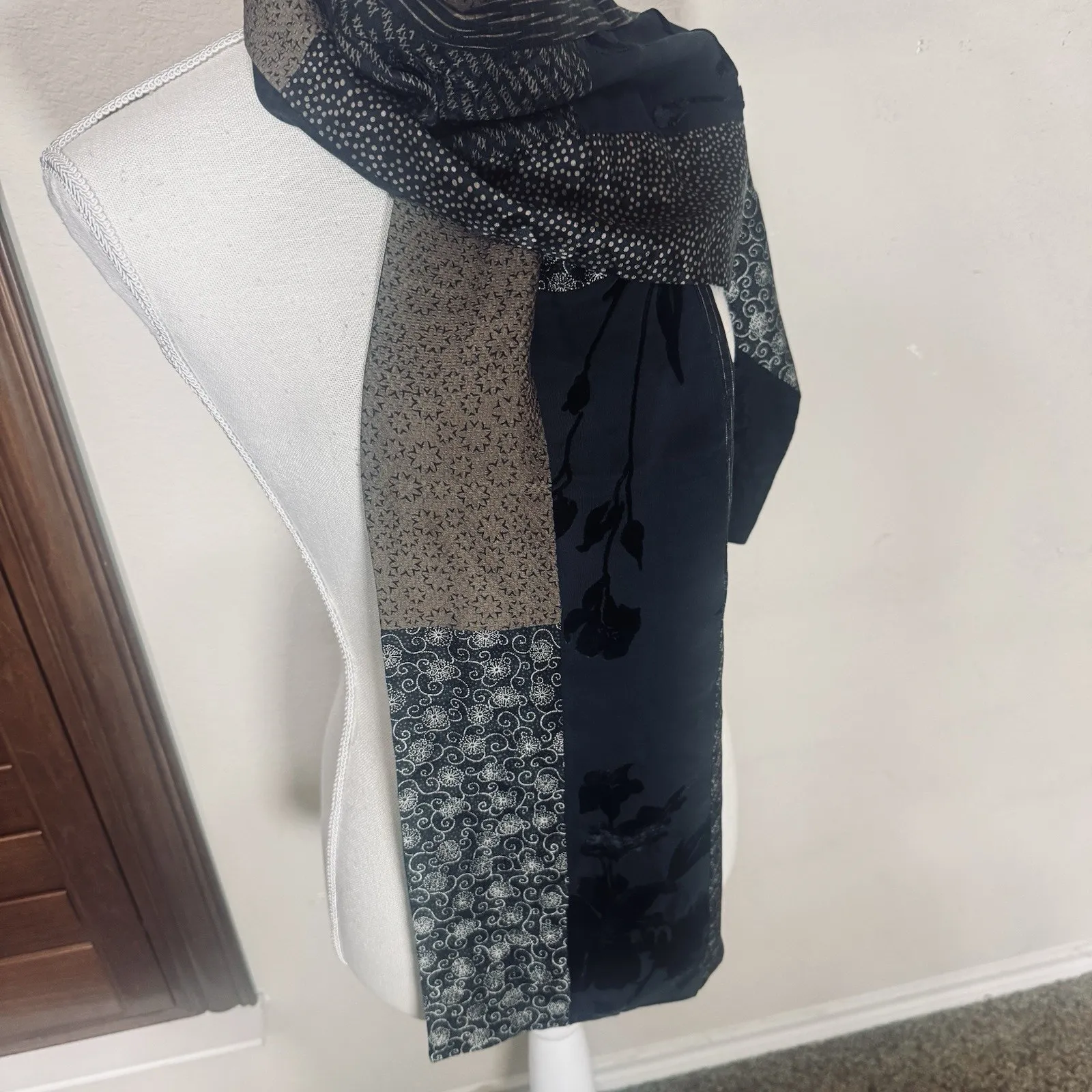 Vintage T. Camey Kimono 100% Silk Scarf Brown Black Korea sash obi - Image 2