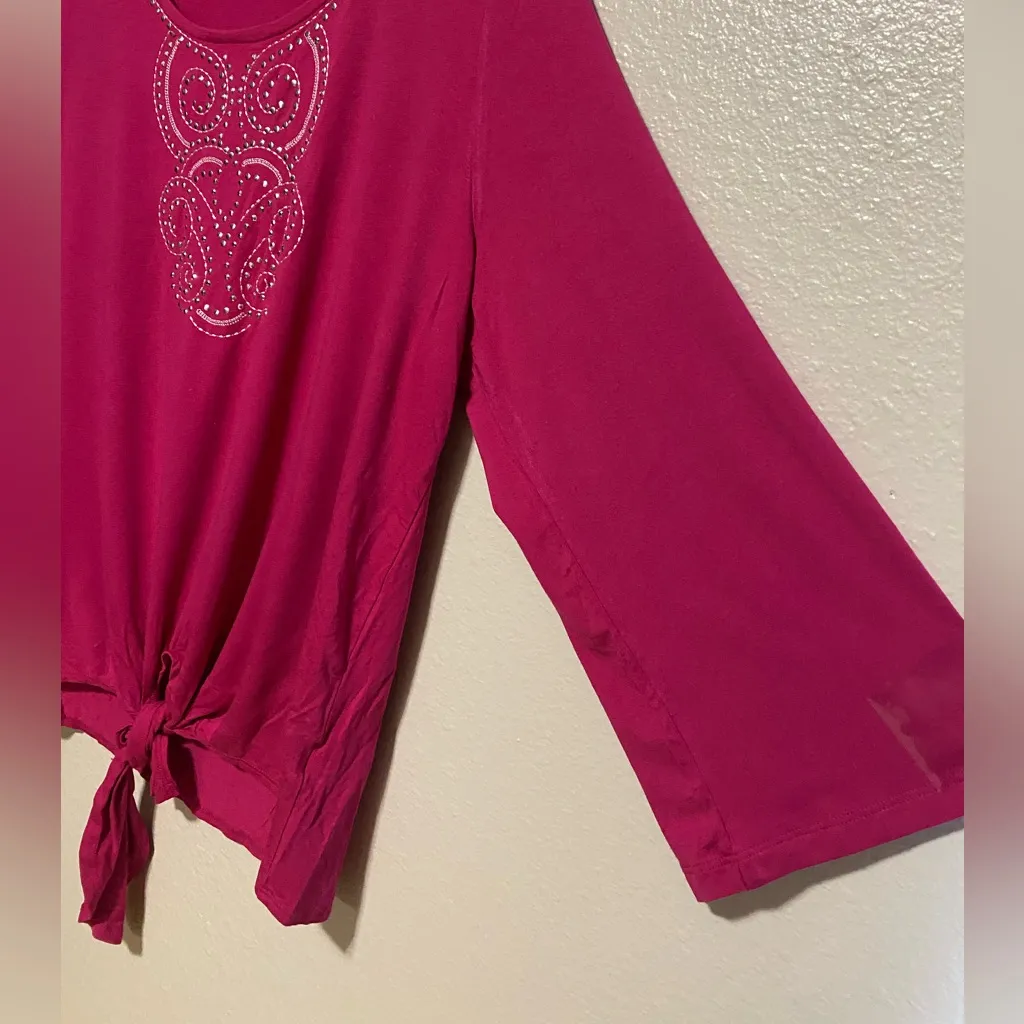 JM Collection Embellished Tie-Front Top | Pink Sequined 3/4 Sleeve Blouse Size L - Image 4