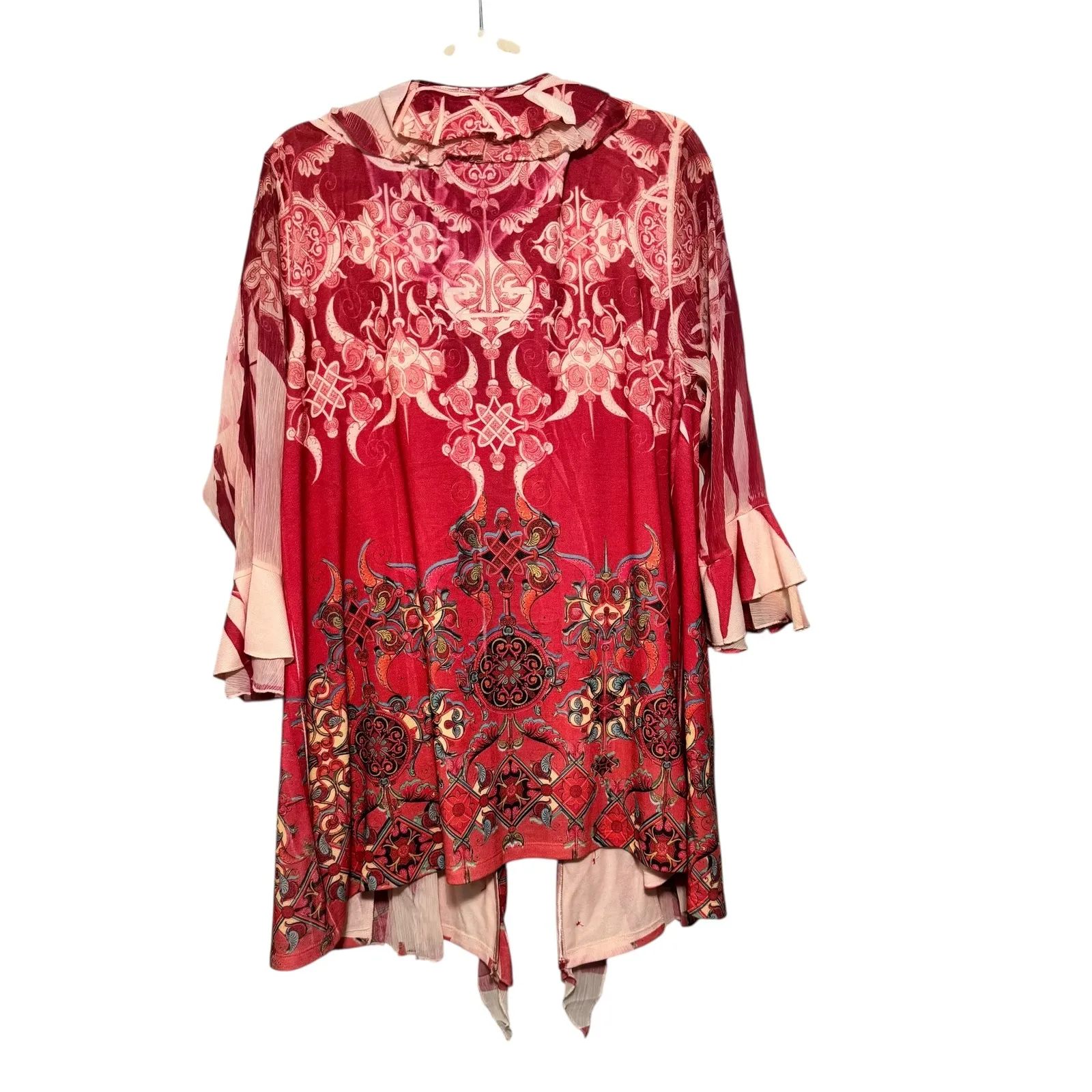 Dressbarn Woman 3X Red Pink Floral Embellished Ruffle Open Front Topper - Image 5