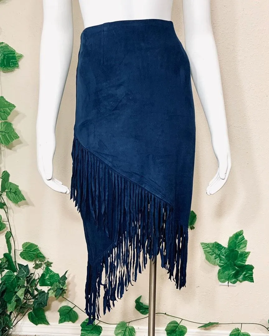 En Creme Suede Blue Navy Fringe Bohemian Skirt - Image 3