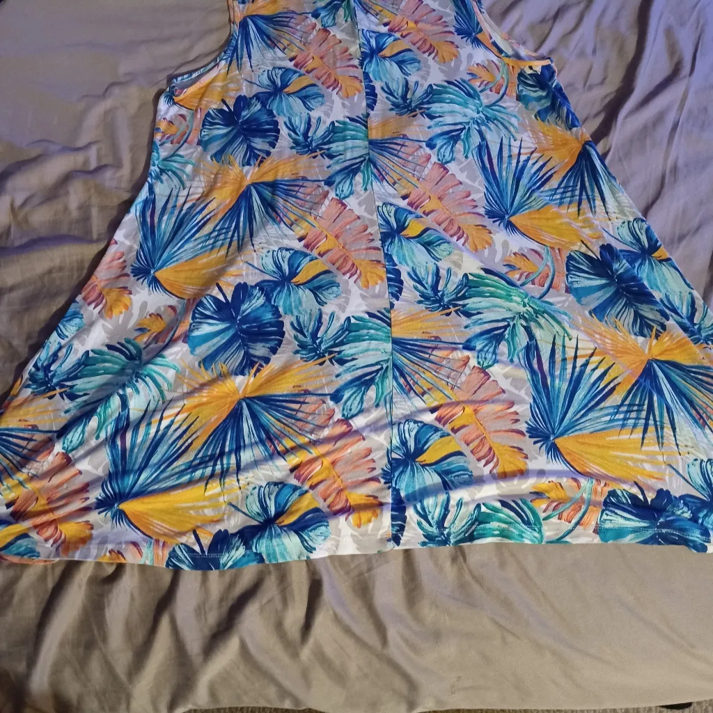 Chico’s Midi Dress Tropical Aqua Orange Sleeveless Stretchy Sz 3 Coastal Beachy - Image 2