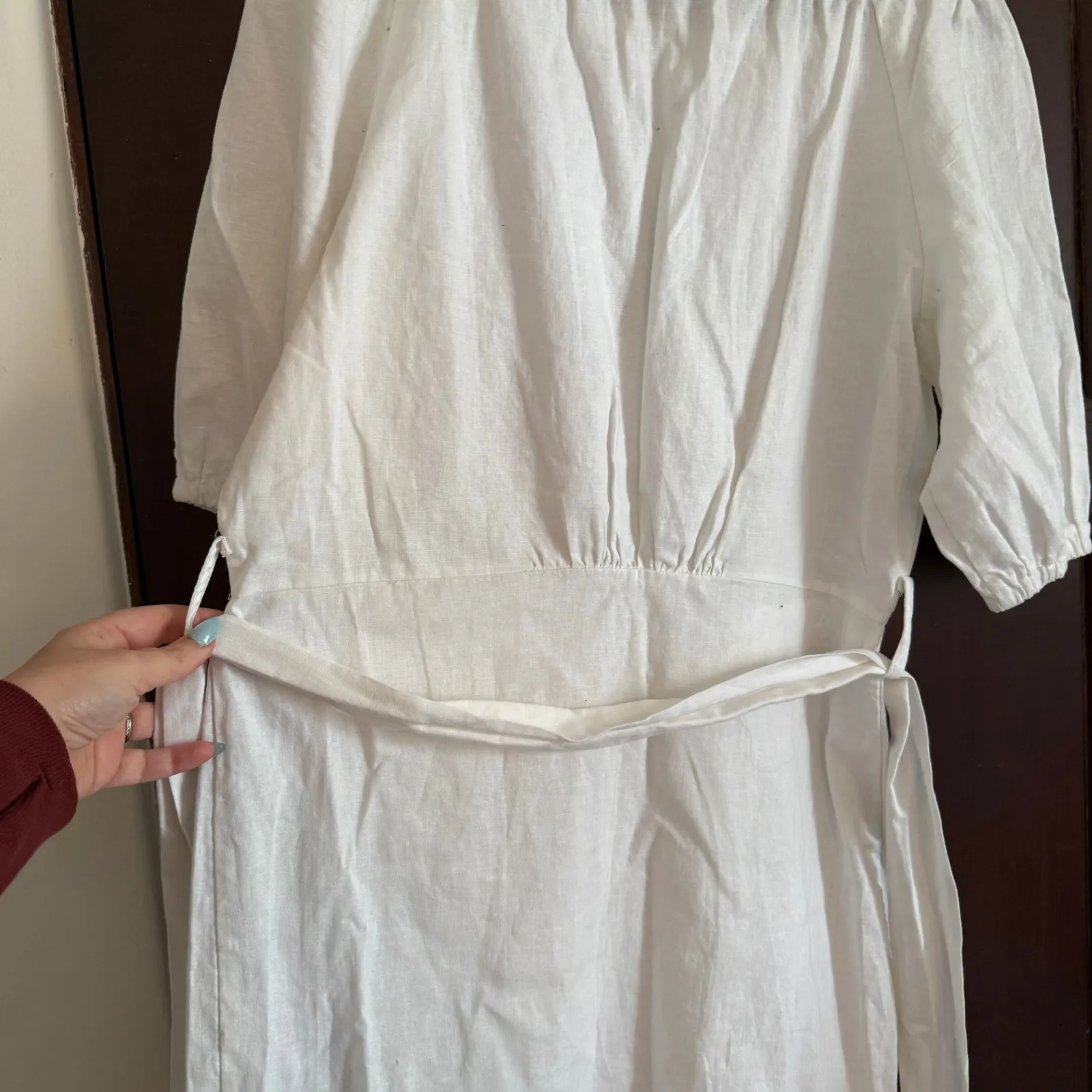 SAKS FIFTH AVENUE | White Linen Off Shoulder Ruffle Hem Dress | Small - Image 7