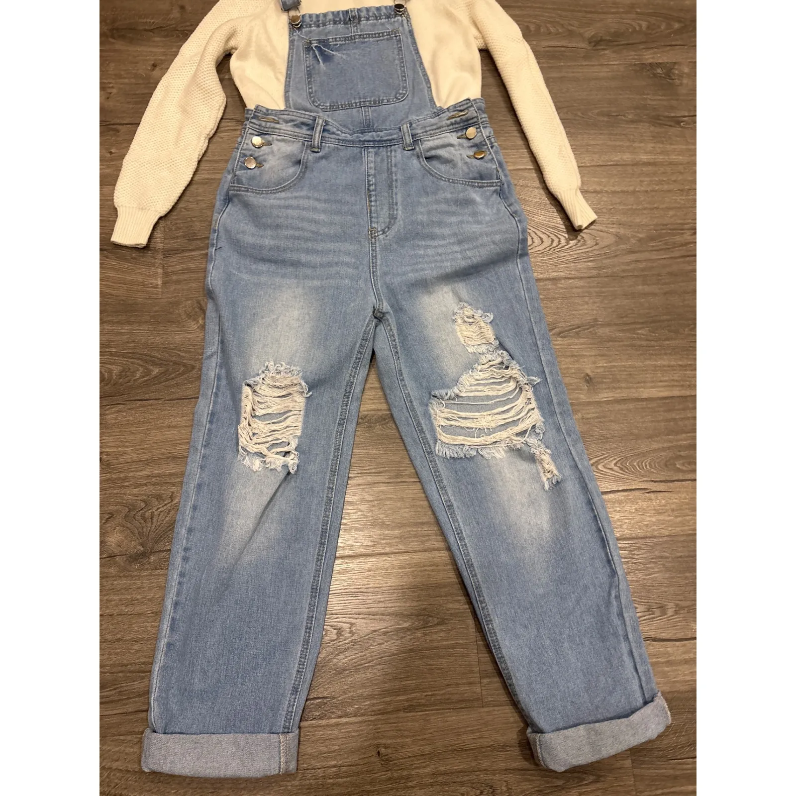 Womens Distressed Denim Jean Overalls Light Wash Relaxed Fit Cropped Leg Size S Blue - Image 2