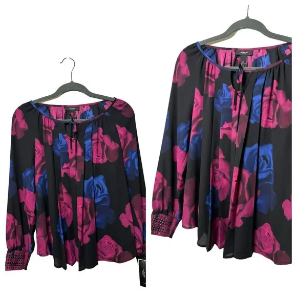 NWT Alfani Ladies Pink Blue Flowy Stylish Floral Sequin Sleeve Blouse SZ 10P - Image 2