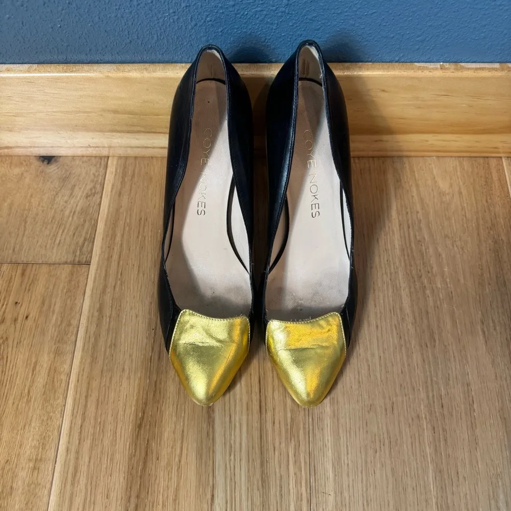 Coye Nokes Black Leather 4” High Heels with Metallic Gold Detail Size 39 - Image 2