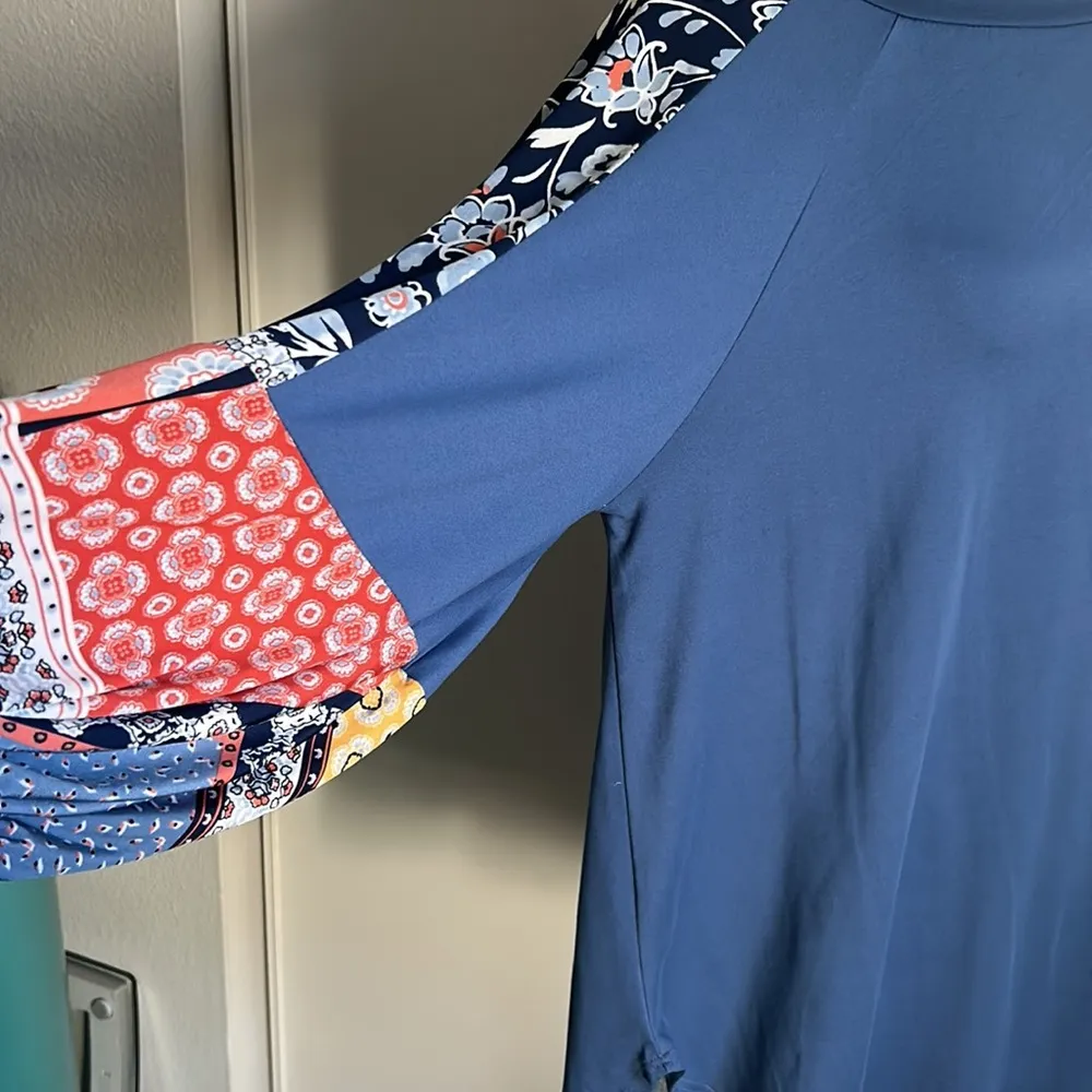 New Boho Balloon Sleeve Color Block Patchwork Jersey Knit Top Long Sleeve Blouse Blue Size L - Image 9