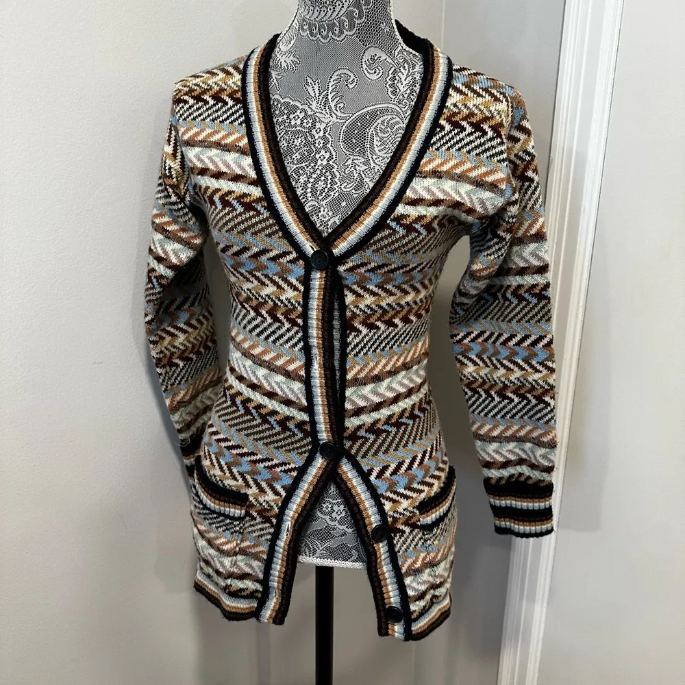 VTG 70’s College Dress Chevron Striped Cardigan. Colorful. Pockets Small. Blue - Image 13