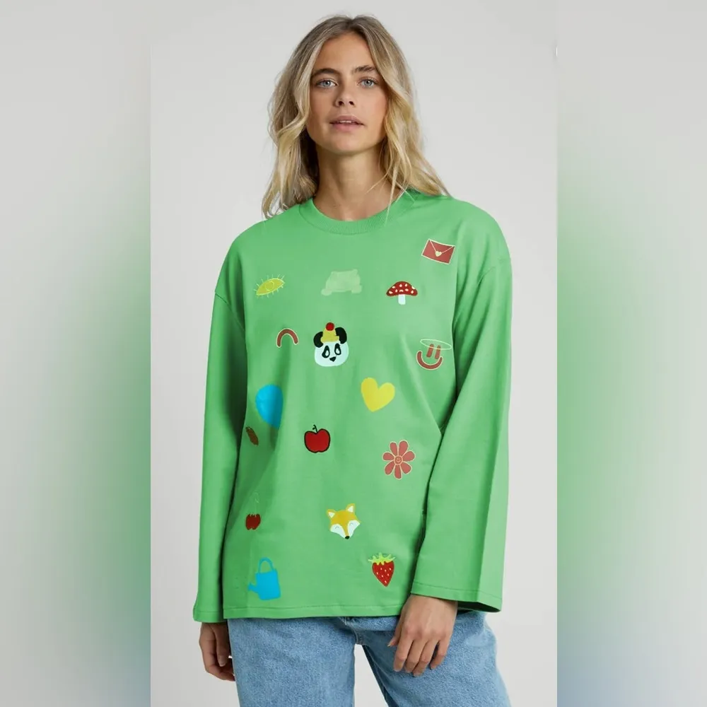 ASOS “Native Youth” Oversized Green Sweatshirt Fox Panda Embroidery Adult Small - Image 15