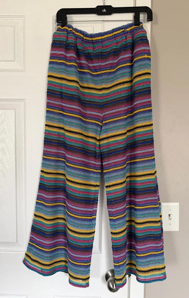 Majorelle Revolve Crochet Striped Flowy Pants Flare Beach Vacation Elastic Waist - Image 1
