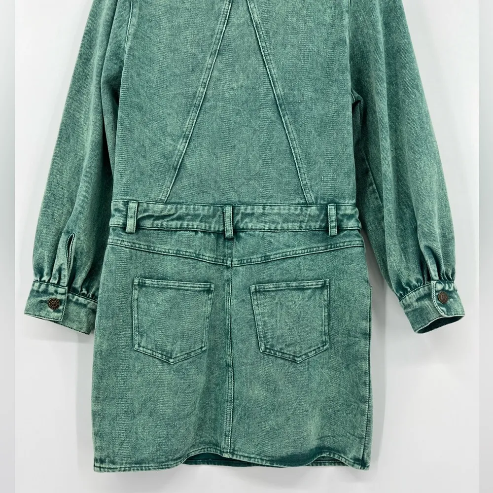 &merci En Merci Acid Wash Denim Mini Dress Jean Balloon Sleeve Green Blue Small - Image 9