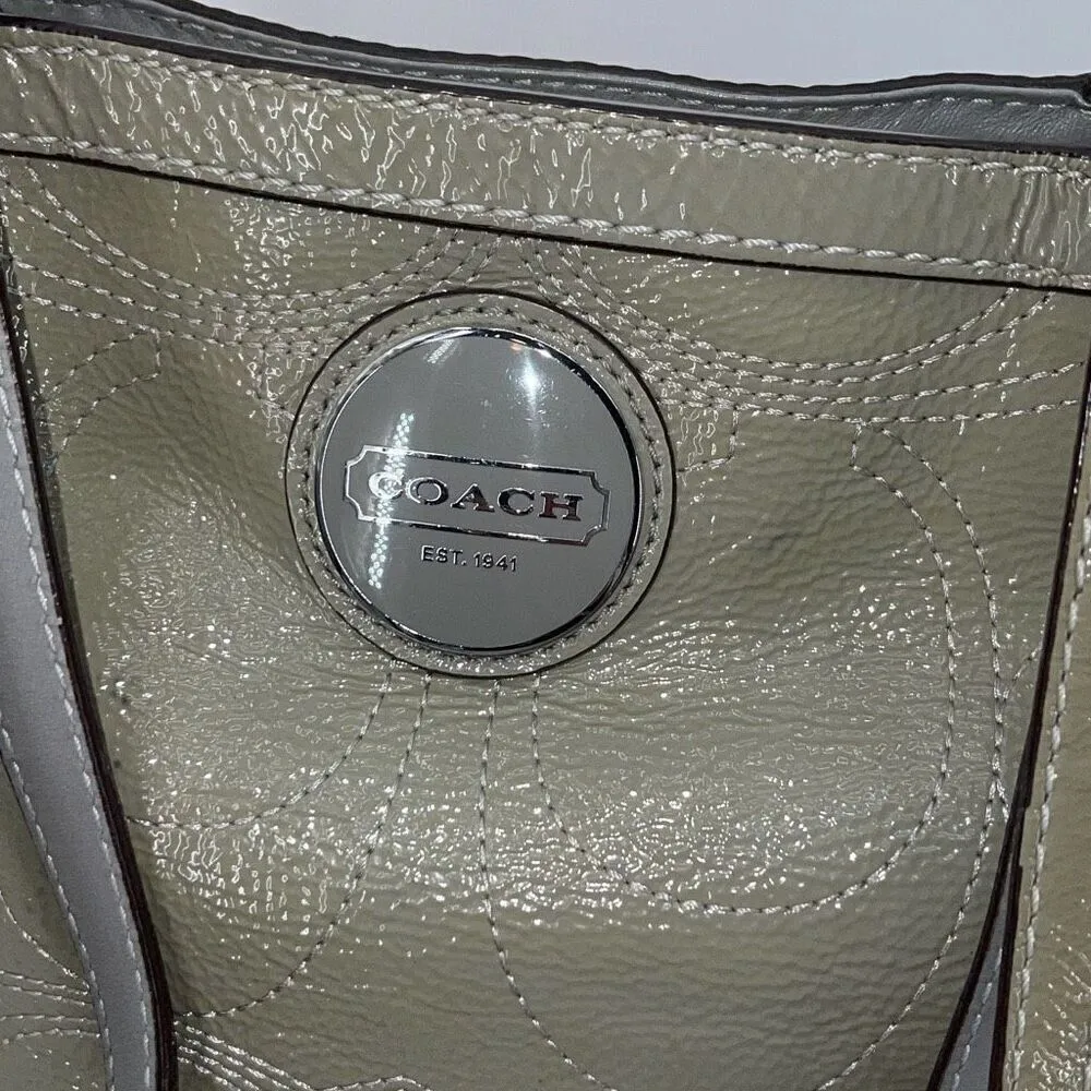 Coach Womens Gross Grain Patent Leather Stitch Tote Shoulder Bag Green Gray Medi - Image 2