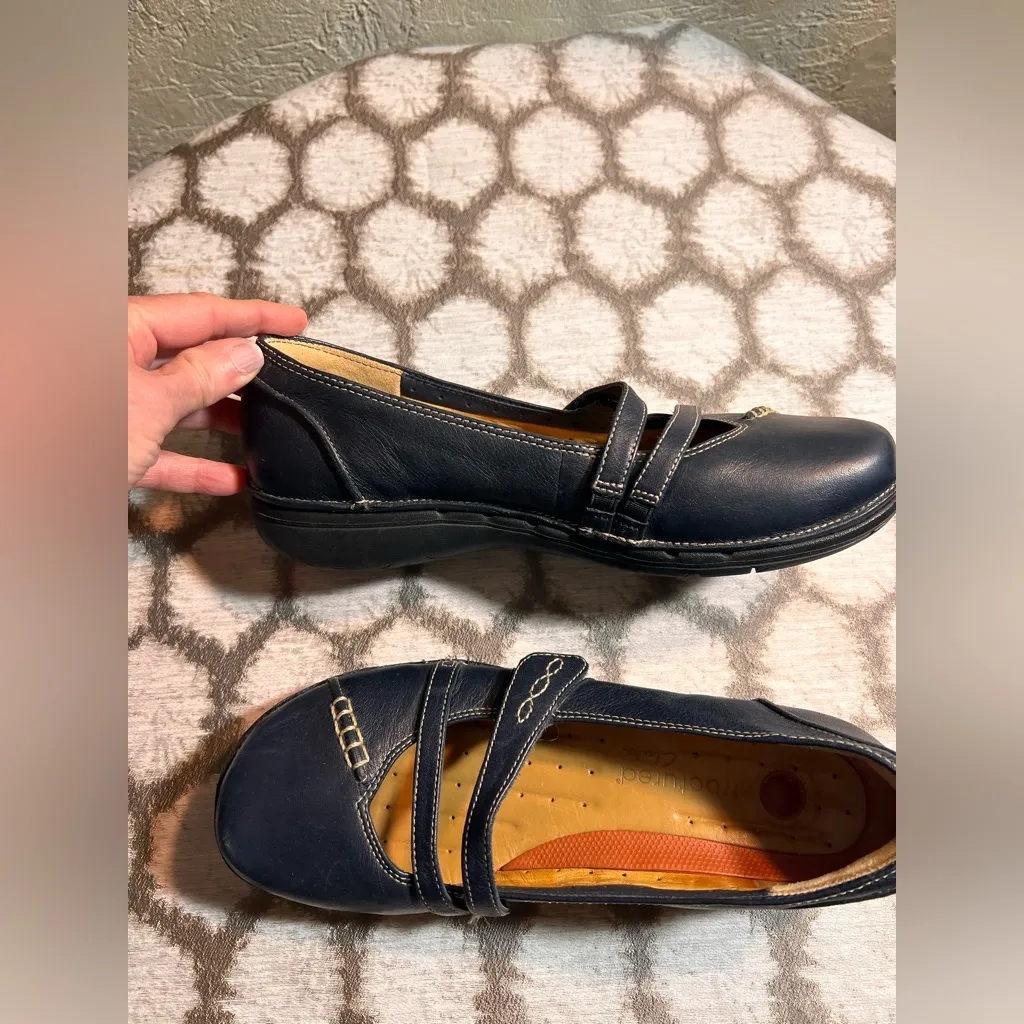 Clarks Dark Blue Leather Flats Adjustable Mary Jane 8M - Image 8