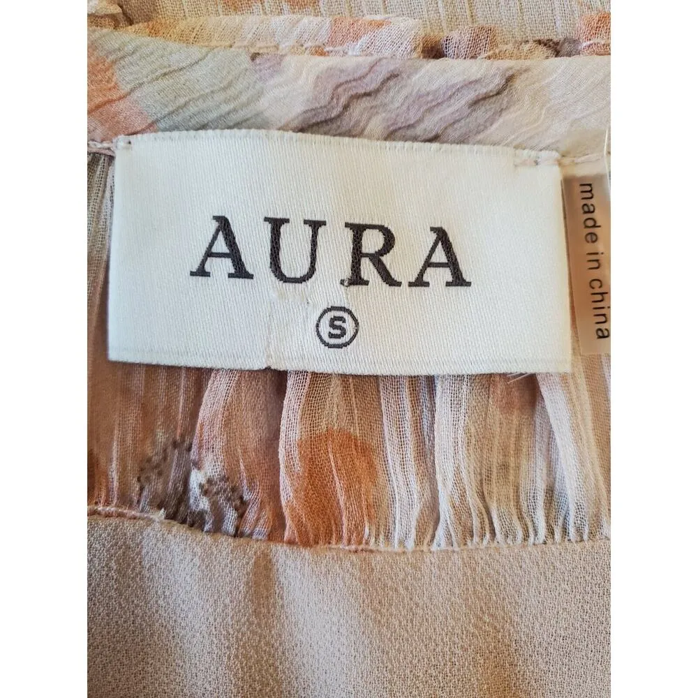 Aura Women Beige Floral 100% Polyester Round Neck Long Sleeve Top Blouse Size S - Image 9