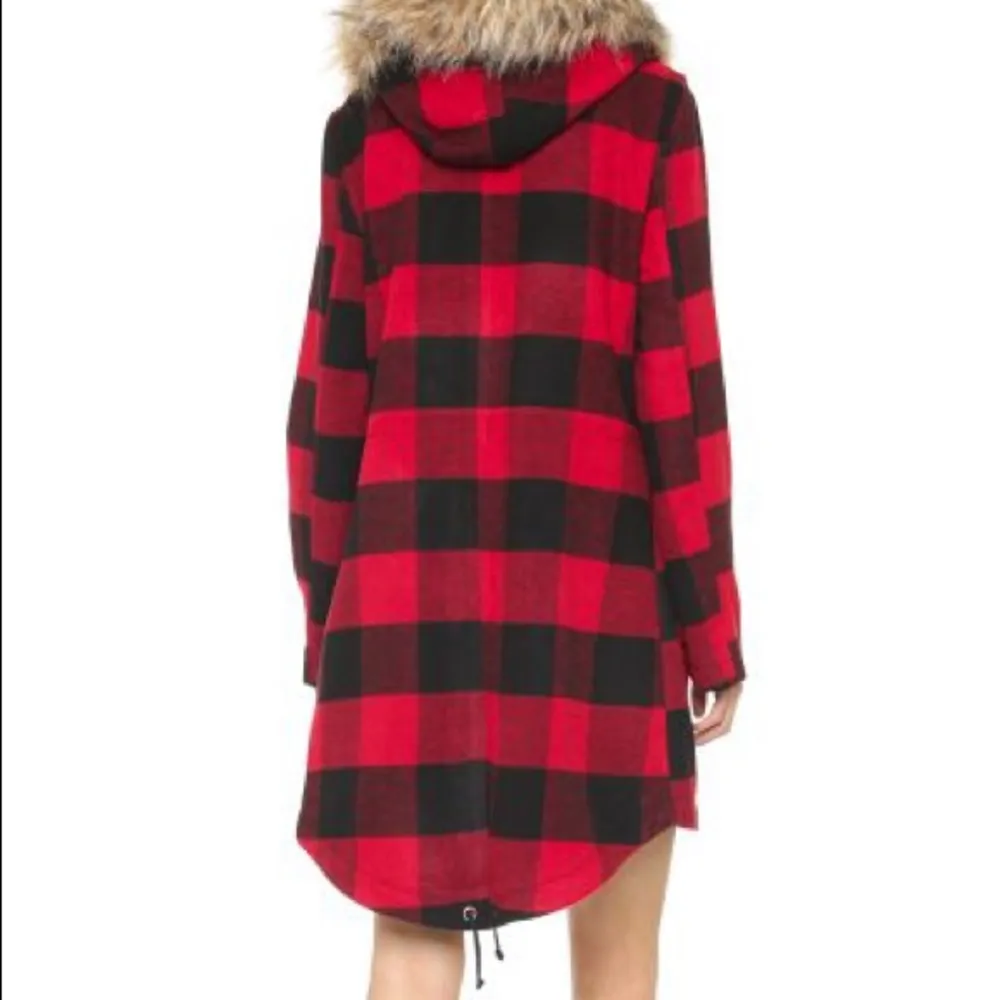 BB Dakota Jaslene buffalo plaid check fur hood long coat - Image 10