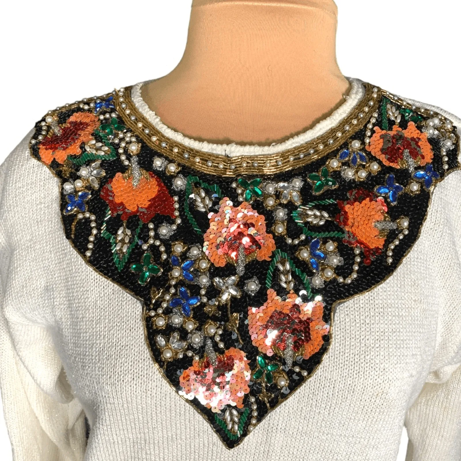 Vintage 80s Cream Sweater Beaded Sequin Floral Statement Holiday Party Knit Black Size L - Image 1
