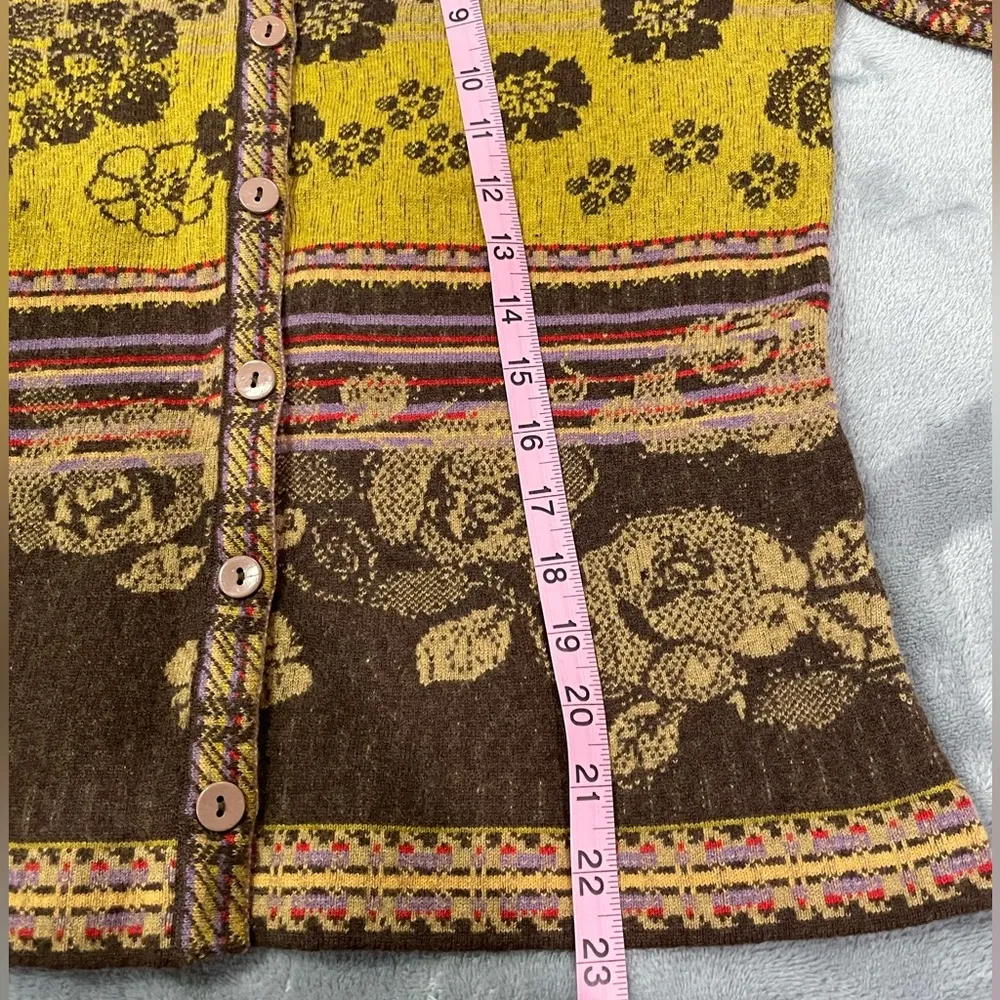 Flavored Tartan wool cardigan Float floral brown lavender red orange yellow tan Size M - Image 9