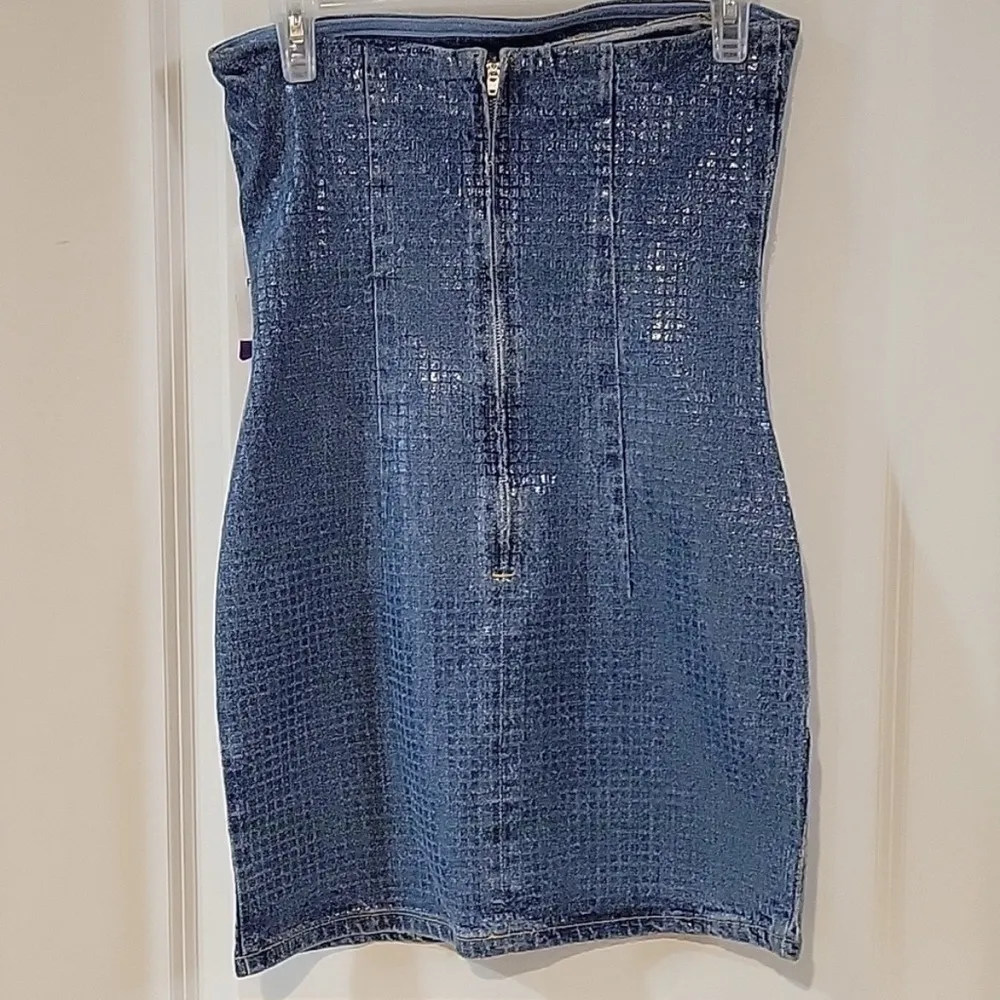 Denim Strapless sequin overlay Dress size Small Blue - Image 3