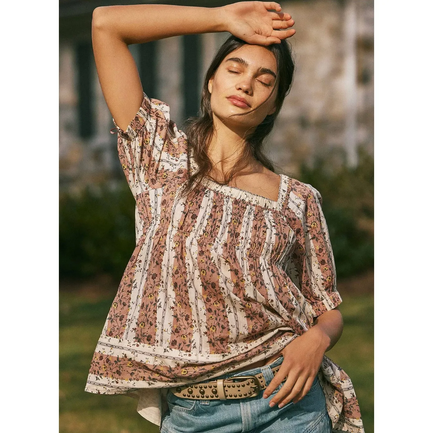 Free People Vintage Lover Blouse Relaxed Cotton Babydoll Cottage Floral XS NWT - Image 4