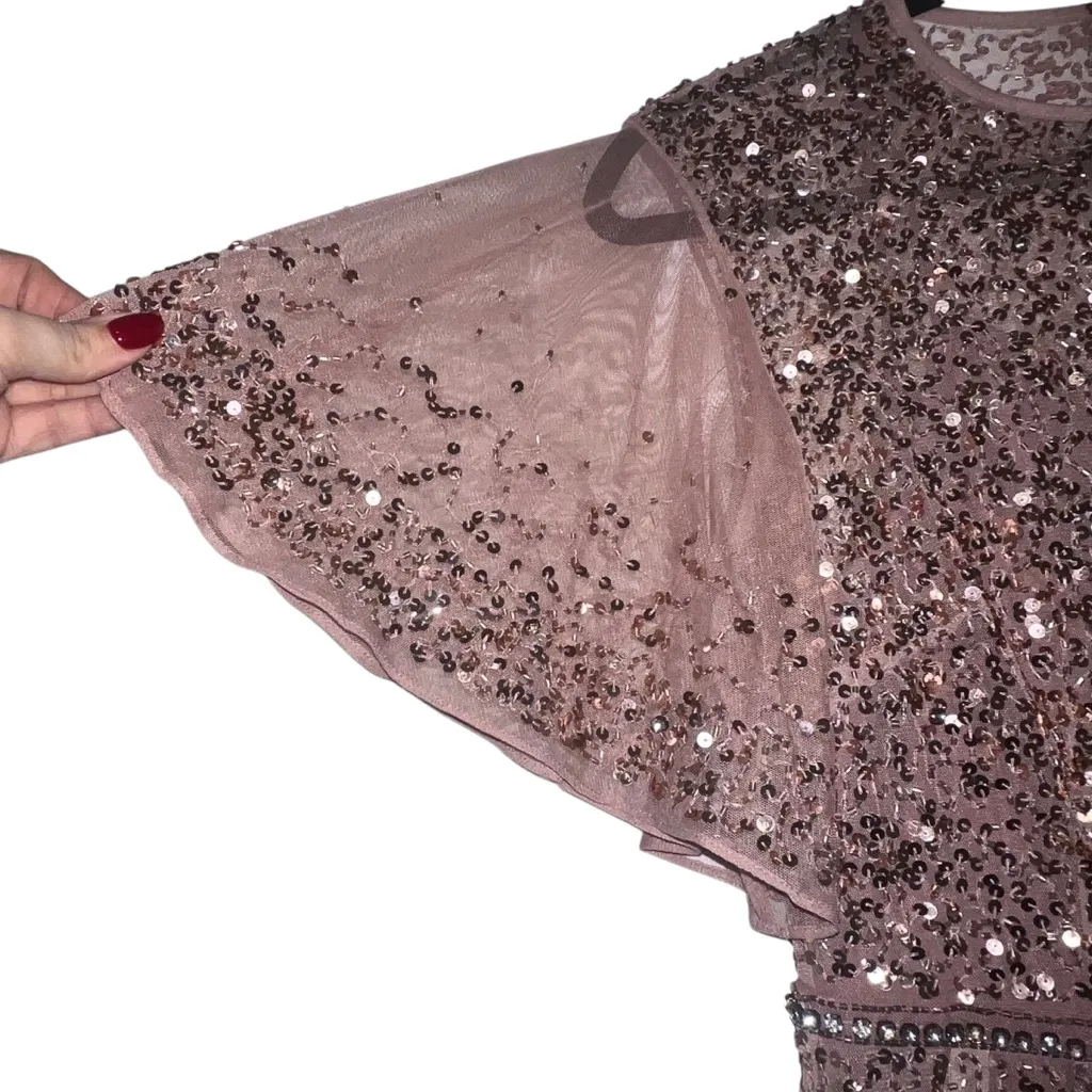 NEW NWT Mac Duggal Cape Sleeve Beaded Tea Length Drop Waist Midi Dress Rosewood - Image 6