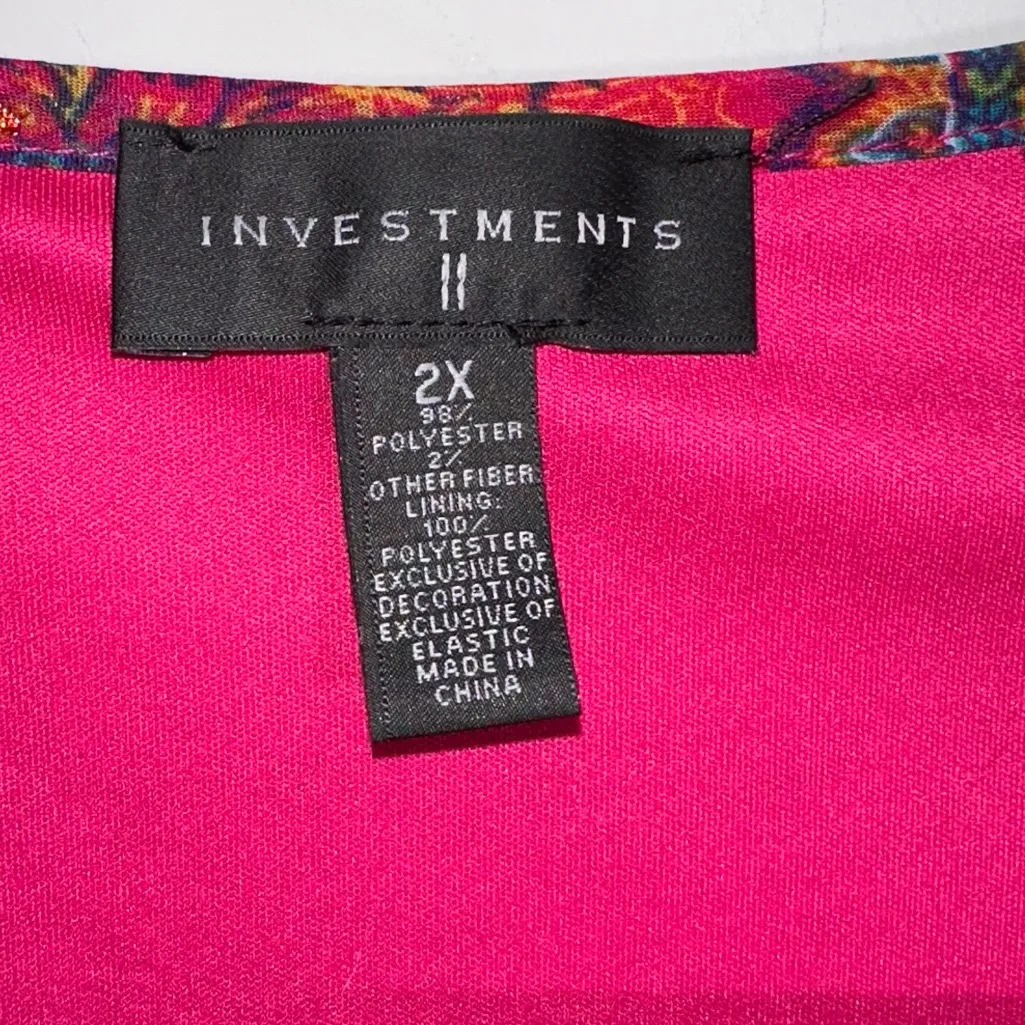 INVESTMENTS II Hot Pink Paisley Boho Blouse Bell Sleeves Metallic Threads - Image 3