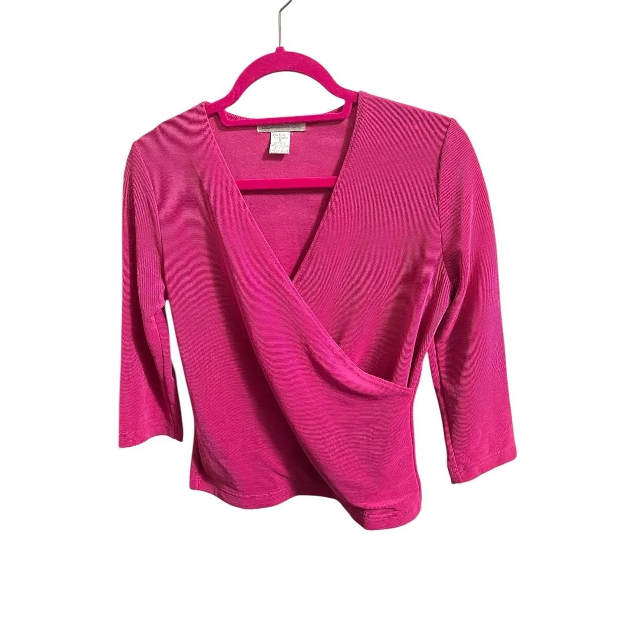 Claudia D Faux Wrap Top Blouse Womens Small Pink 3/4 Sleeve V Neck - Image 2