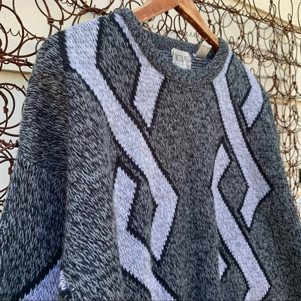 Vintage Nicolas Allen geometric argyle pattern sweater in shades of gray LARGE - Image 3