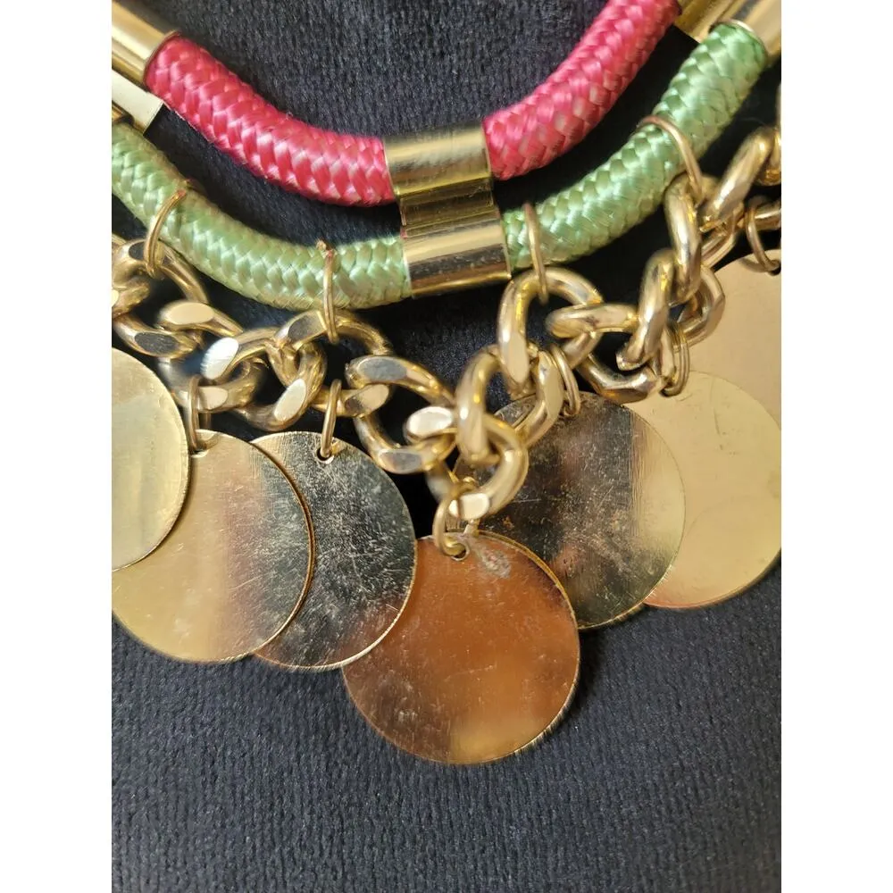 Women's Gold Tone LOFT Charm Disc Necklace With Pink And Green Braided Cord - Image 6