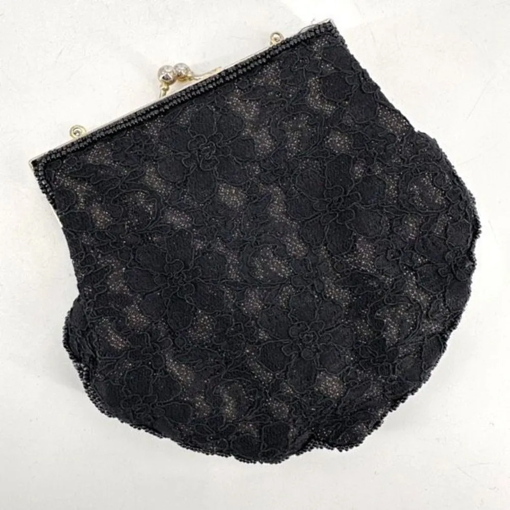 Le Regale Beaded Metallic black & gold Clutch Evening hand bag  rope chain small - Image 3