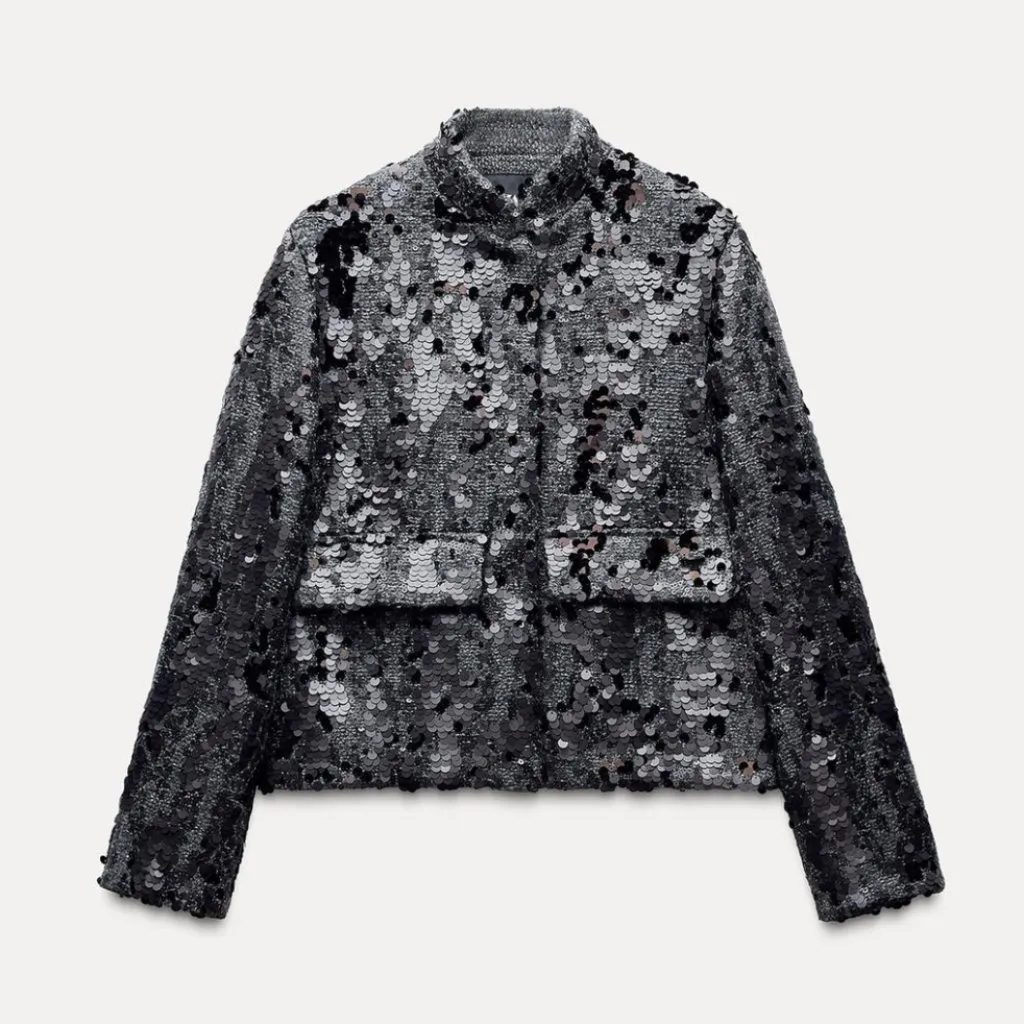NWOT ZARA All Over Heavy Sequins Bloggers Fave Jacket / Blazer Black Medium Wool - Image 7