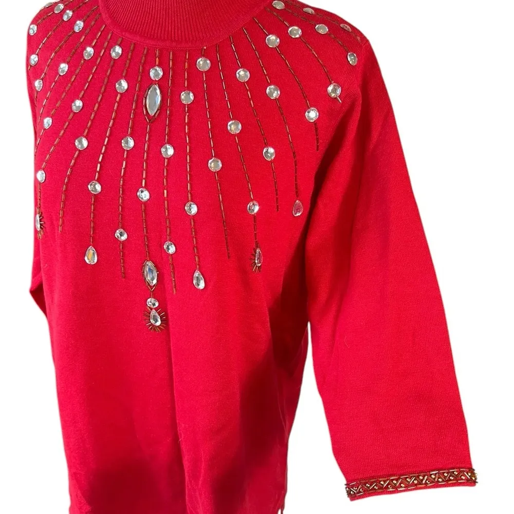 Vintage Carol Pattergan Red Linen Blend Jeweled Turtleneck Sweater Size M - Image 4