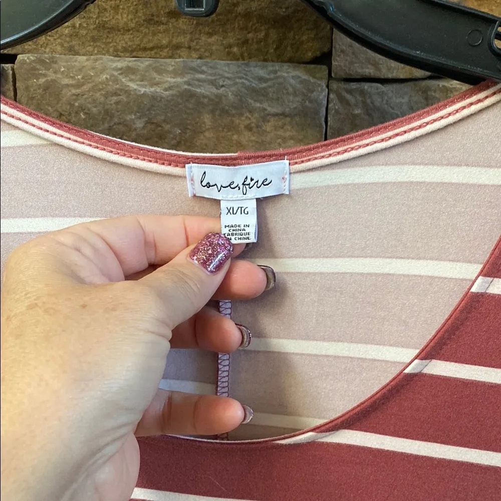 love, Fire Red White Striped XL A-Line shirt Dress roll tan sleeves casual flowy - Image 2