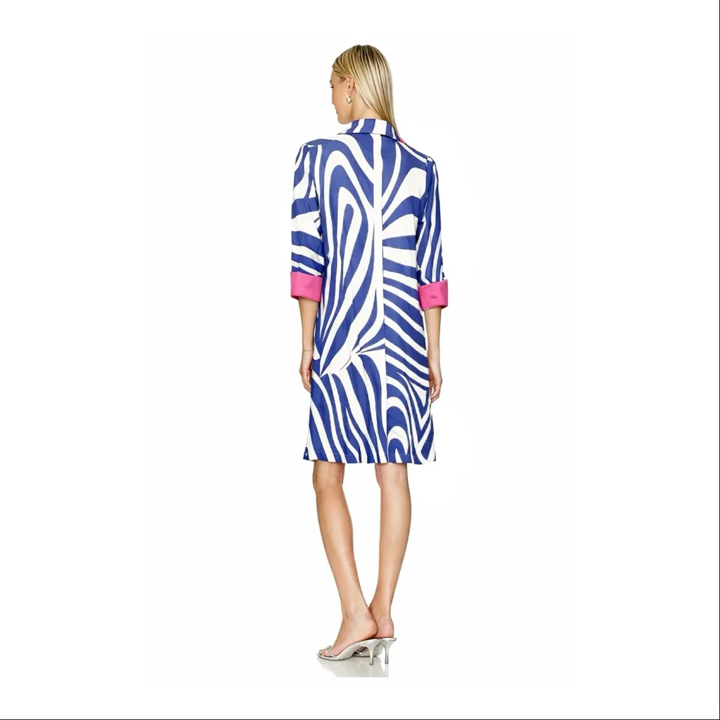 NWT Revolve x Perlavera Blue and White Clara Zebra-Print Button Down Shirt Dress - Image 4