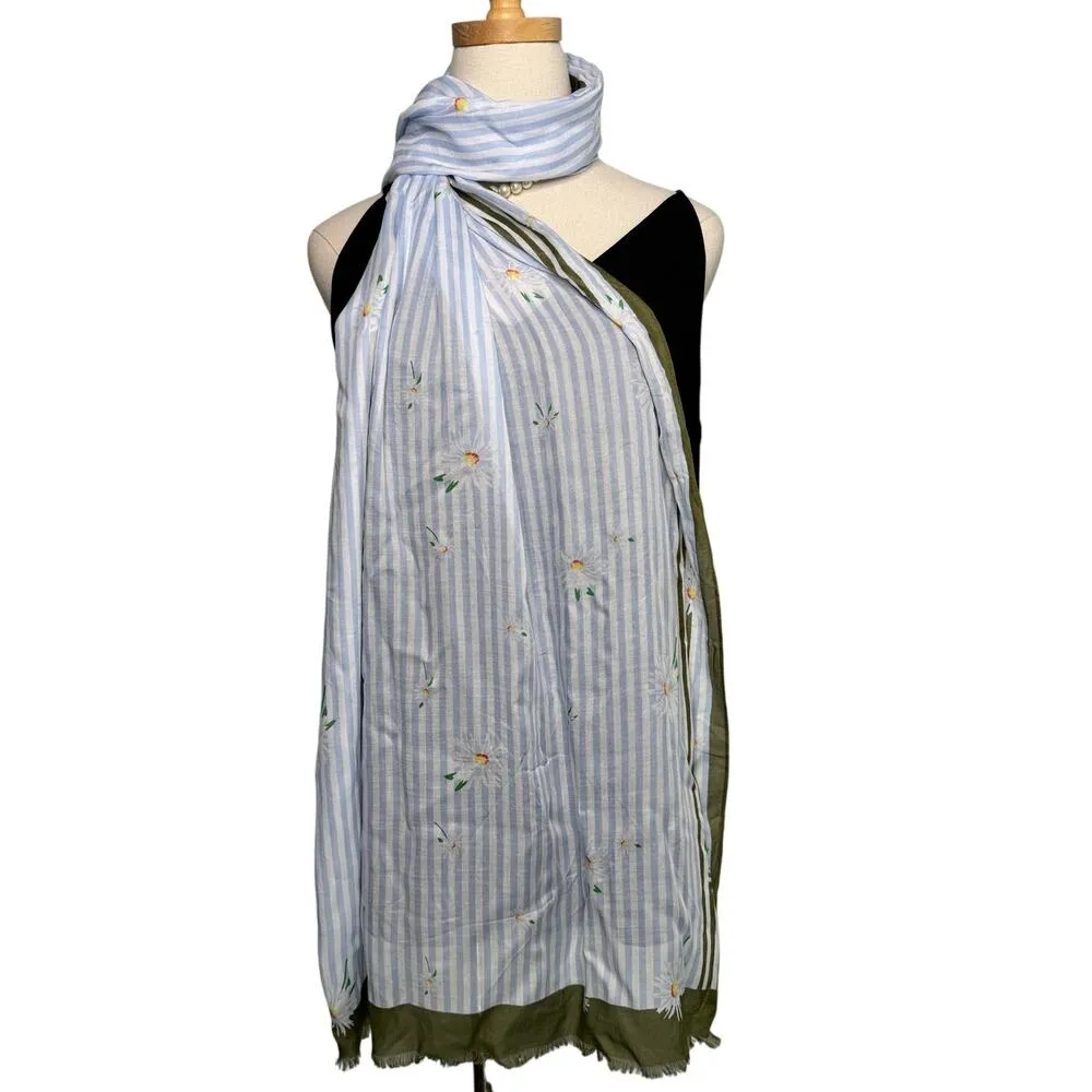 Talbots 100% modal stripe and flower scarf wrap blue olive green 25 x 72" - Image 4