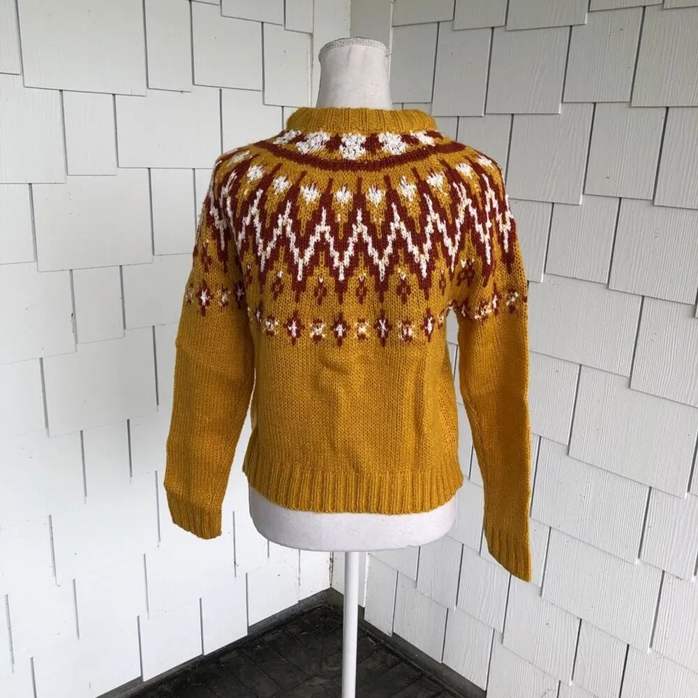 Hooked Up Women's Vanilla Combo Knit Mock Neck Fair Isle Pullover Sweater sz XS Gold - Image 3