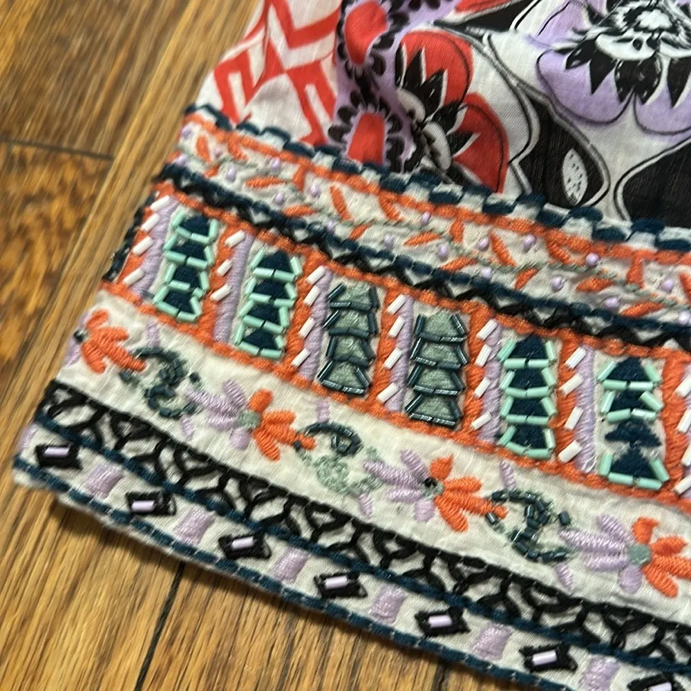 Anthropologie Beaded embroidered Bohemian Floral Print mini dress cotton 12 - Image 7