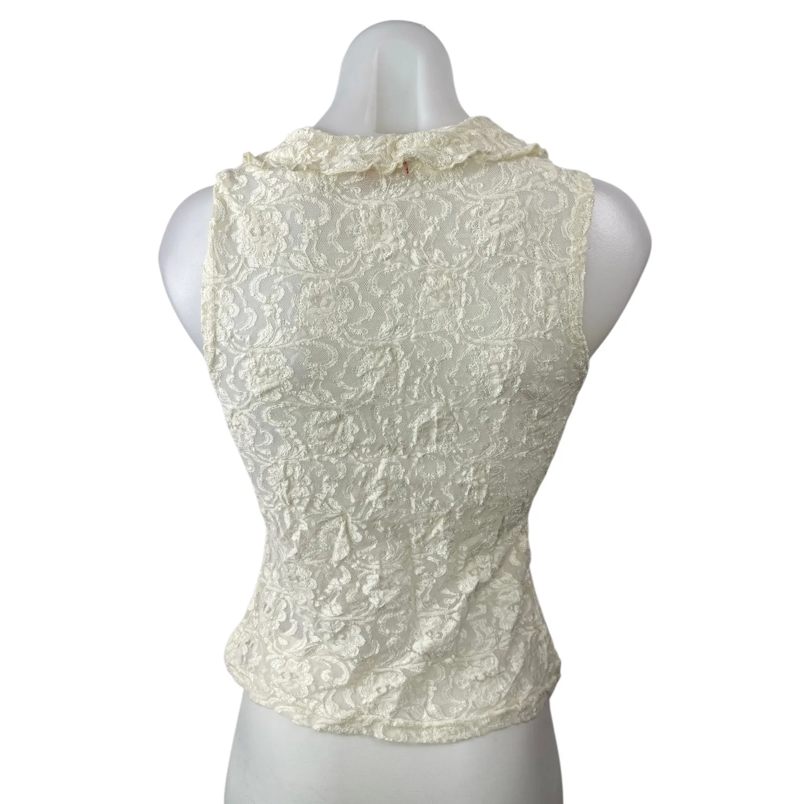 GAS Women's White Floral Lace V Neck Sleeveless Ruffled Tank Shirt Blouse Top S - Image 2