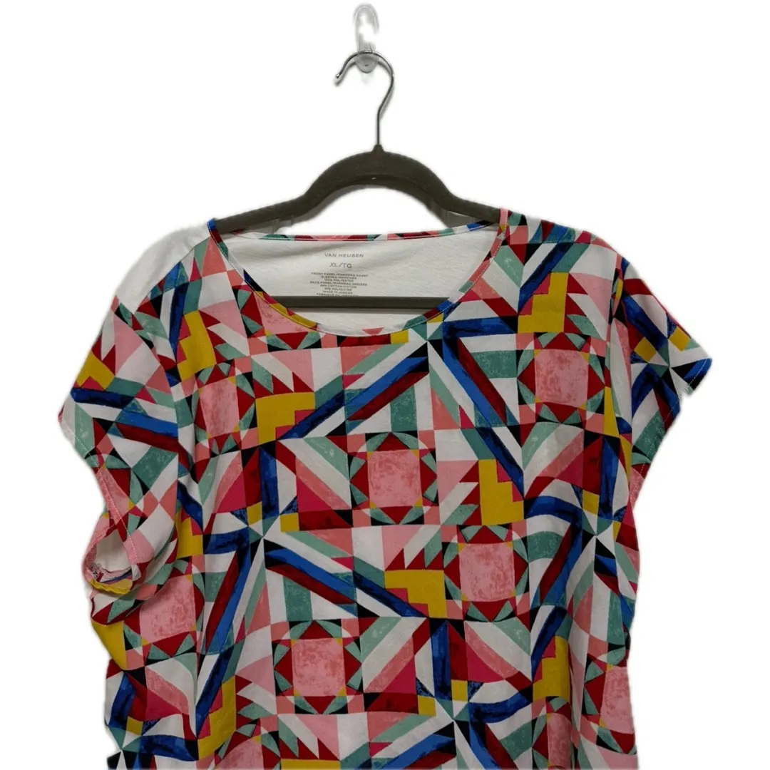 Van Heusen Geometric Short Sleeve Blouse Size XL Artsy Art to Wear Multicolor - Image 2