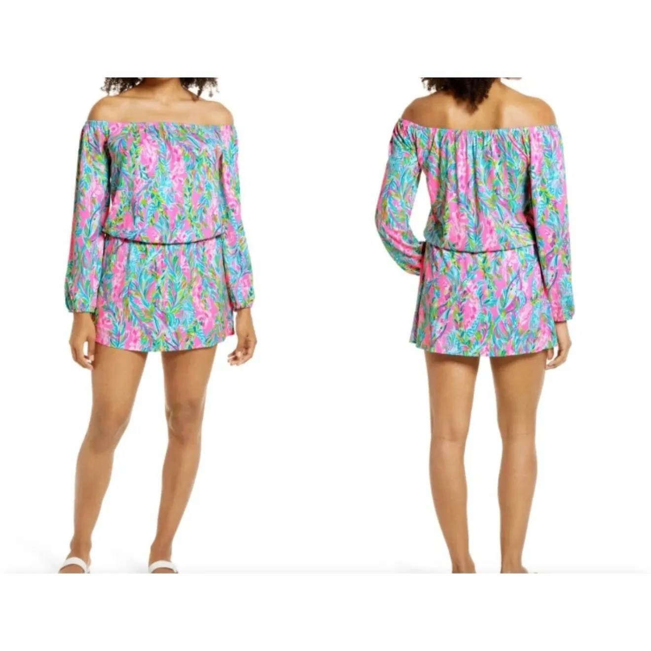 Lilly Pulitzer Off The Shoulder Long Sleeve Romper Dress Pink  Print Size L - Image 2