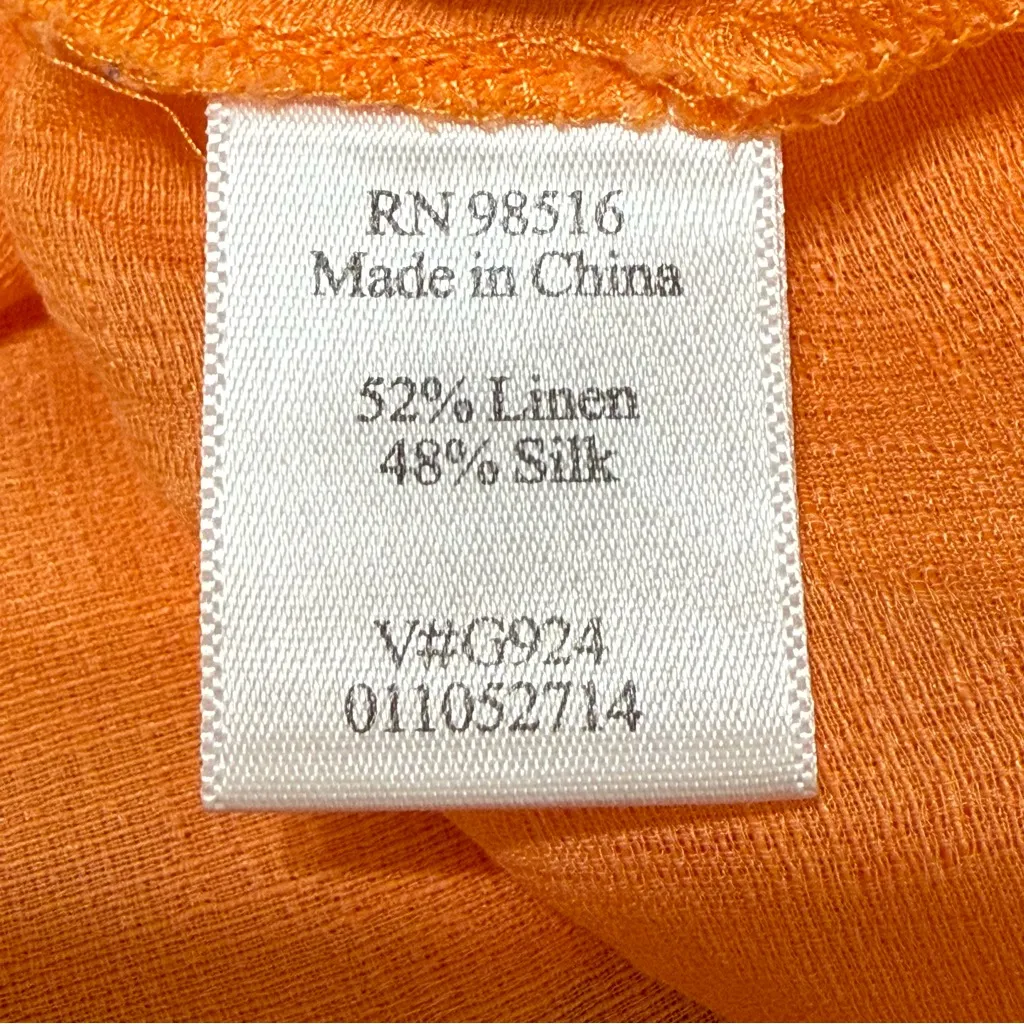 Coldwater Creek Orange Linen Silk Blouse Large Sheer Pintuck Button 3/4 Sleeve - Image 7