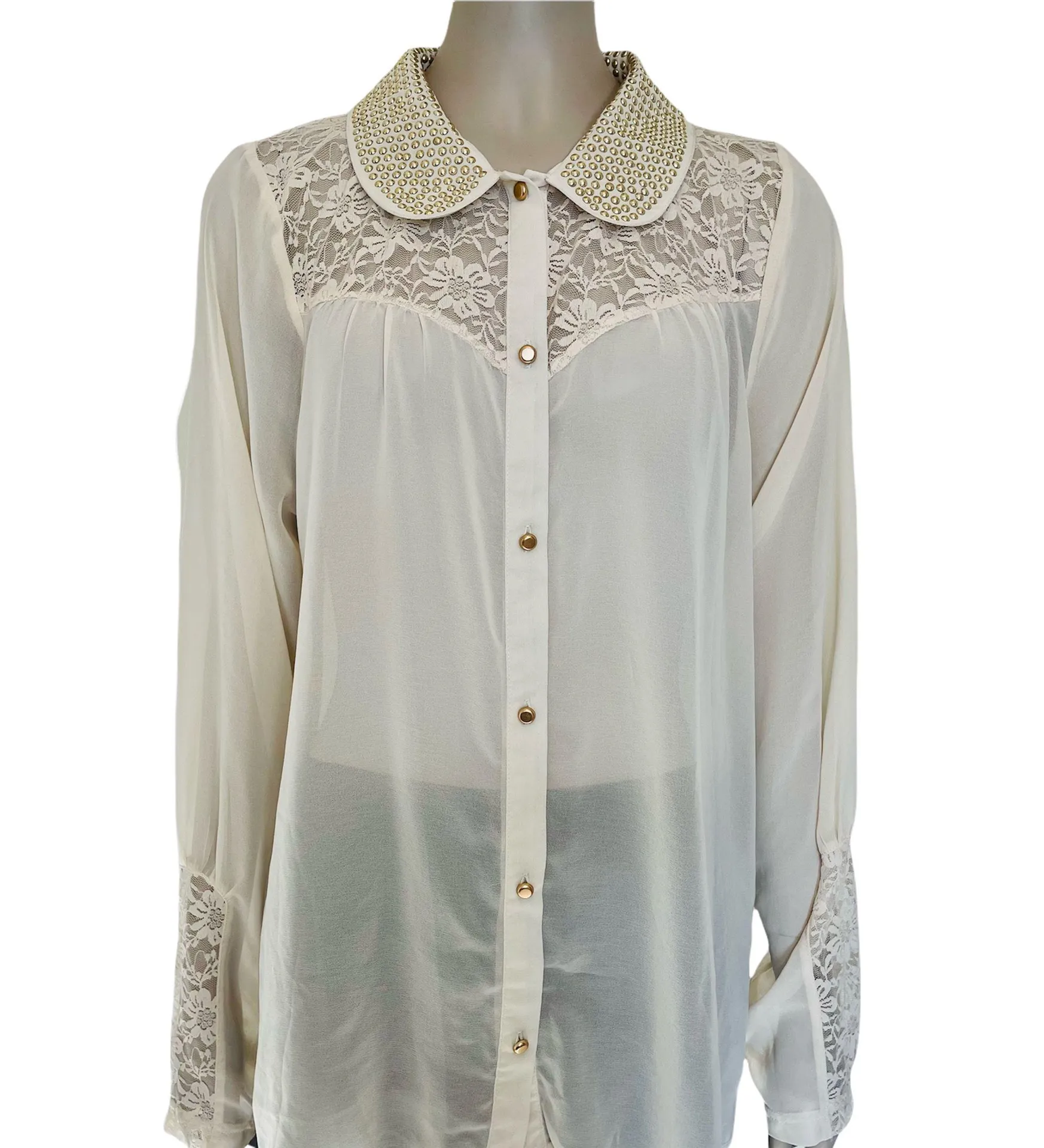 Sheer Cream Button Front Lace Shirt NWT - Image 2