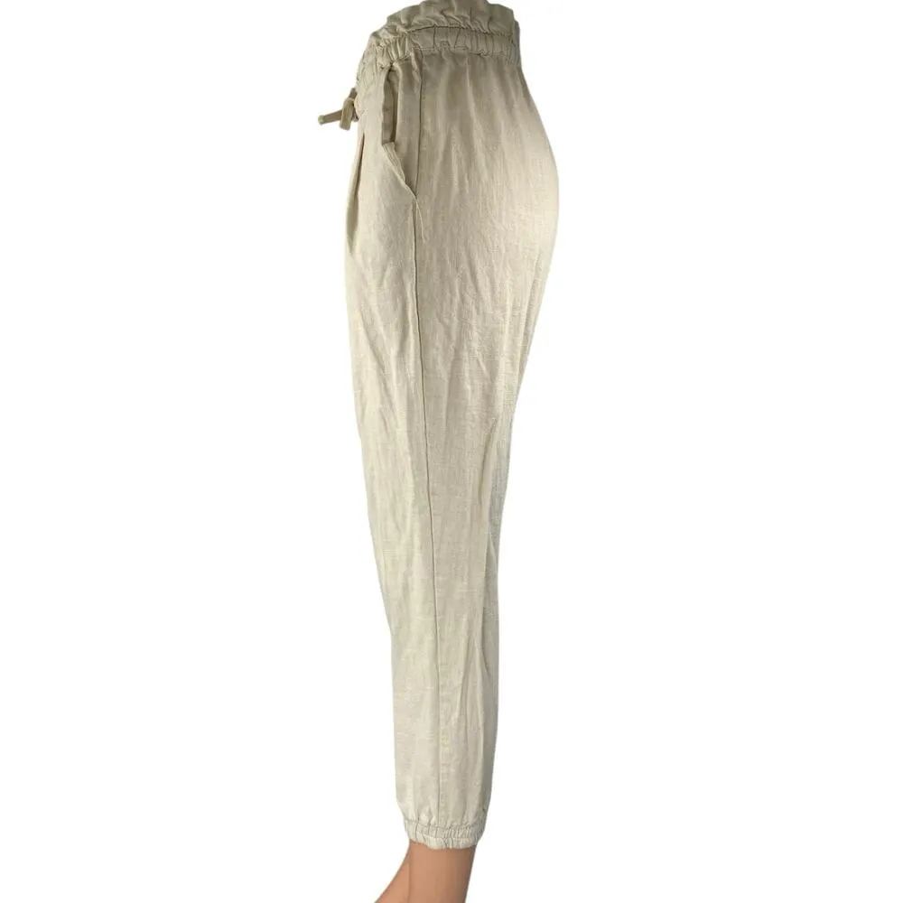 Pull & Bear White Linen High Waist Tapered Paperbag Trousers Jogger Pants Size M - Image 2